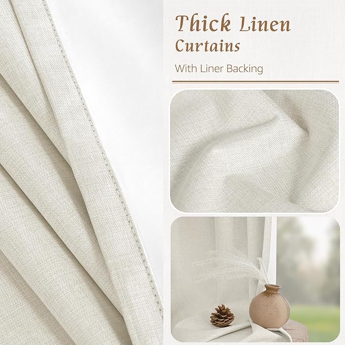LAMIT Natural 100% Blackout Linen Curtains, 84 Inches Linen Textured Thermal Bedroom Curtains Back Tab and Rod Pocket Neutral Panels with White Liner for Farmhouse, 2 Panels, 60 x 84 Inch, Ivory