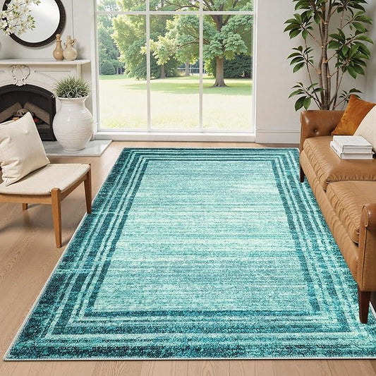 Lahome Modern Abstract 6x9 Area Rugs for Living Room, Washable Teal Bedroom Rug 6x9 Non Shedding, Low-Pile Soft Minimalist Bordered Indoor Large Carpet for Dining Room Playroom