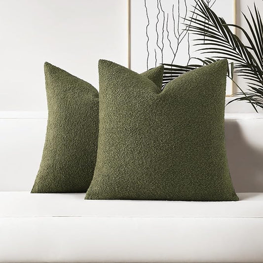 HAUSSY Set of 2 22x22 Decorative Throw Pillow Covers, Soft Cozy Textured Boucle Couch Cases, Home Decor for Couch Bed Living Room, Moss Green