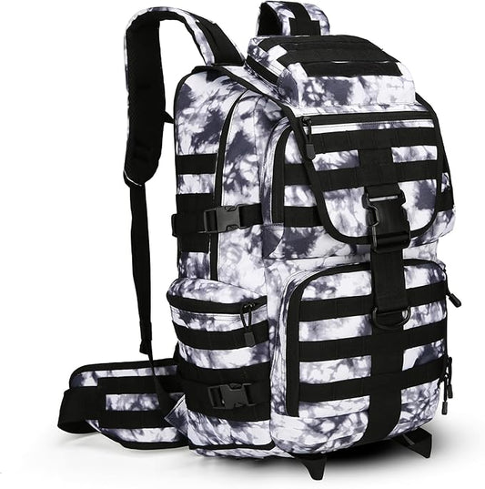 HongXingHai 50L Military Tactical Backpack 3 Day Assault Pack Molle Daypack Hiking Backpack for Men and Women (Black white Tie-Dye)
