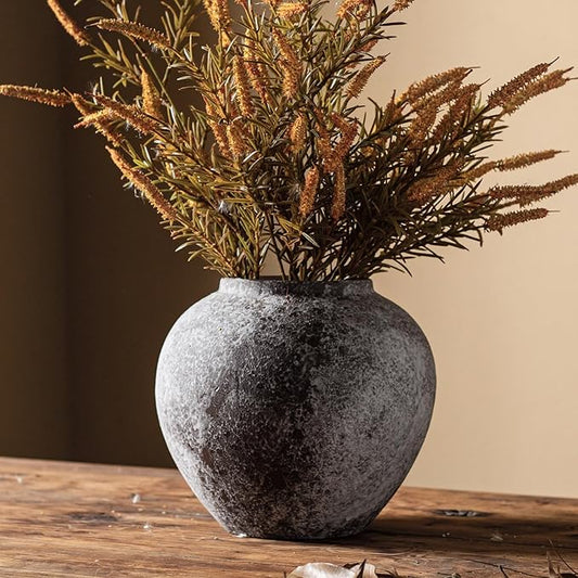 Rustic Distressed Large Ceramic Vase, 8.6 inch Terracotta Pottery Tall Decorative Vases, Concrete Vases Clay Stone Antique Big Vase for Home Decor (Round 8.6 in X 8 in)