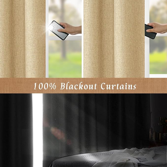 LAMIT 100% Blackout Linen Curtains 63 Inches Long, Linen Textured Living Room Burlap Bedroom Curtains Full Room Darkening Back Tab and Rod Pocket Panels with White Liner, 2 Panels, 60 x 63 Inch
