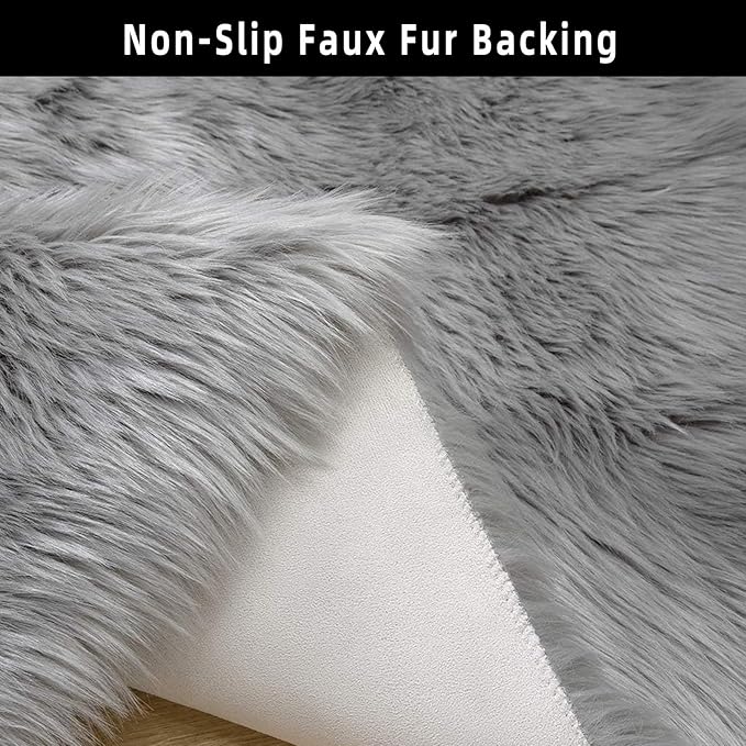 Grey Faux Fur Sheepskin Area Rug for Living Room Bedroom, 2 x 4 Feet Ultra Soft Shaggy Fuzzy Furry Carpet Chair Throw Rugs for Kids, Girls, Nursery Room Decor Dorms