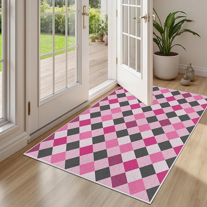 Diamond Checkered Rug 3x5, Soft Ultra Soft Faux Wool Abstract Geometric Rugs, Indoor Floor Mats Carpet, Non Slip&Non-Shedding Low Pile Washable Rugs, Modern Red Rug for Bedroom