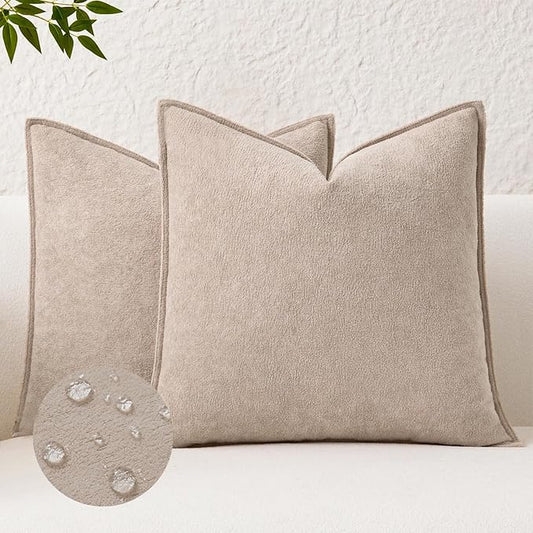 Kevin Textile Waterproof Decorative Pillow Covers Khaki 26x26 Inch Pack of 2 Soft Boucle Textured Euro Pillowcases Elegant Accent Pillows for Couch Sofa Chair Bed Home Decor Indoor Outdoor