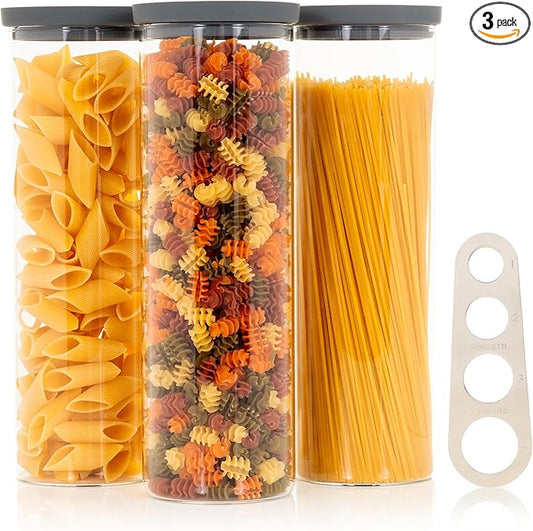Glass Spaghetti Kitchen Storage Containers with Airtight Silicone Lids, BPA-Free Pantry Glass Storage Jars with Airtight Lid for Pasta and Dry Foods - Set of 3 with Portion Tool