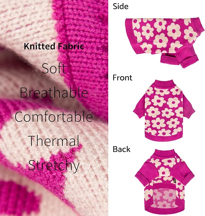 Fitwarm Floral Dog Sweater, Thermal Sweatshirt, Winter Clothes for Small Dogs Girl, Pullover Jumper, Pet Outfit, Hot Pink, White, XS