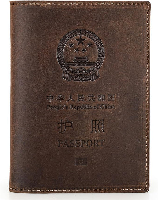 Top Grain Leather Single Travel Passport Wallet Embossing Badge for Unisex, Folio Design for Passport & Multi Cards, RFID Blocking for Passport/Cards/Checks/Bills/AirTag, Coffee Default, CN