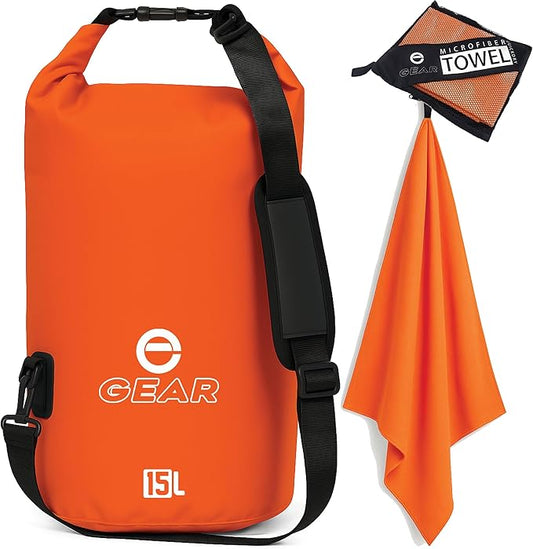 Waterproof Dry Bag 15L with Free Quick Dry Microfiber Towel – Floating Roll Top Dry Sack for Kayaking, Boating, Camping & Beach Adventures – Enthusiast Gear