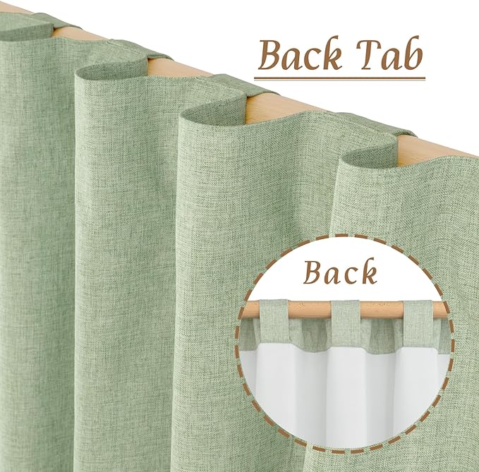 LAMIT 100% Blackout Linen Curtains for Cafe, 40 Inch Length Linen Textured Thermal Curtains Back Tab and Rod Pocket Neutral Panels with White Liner for Kitchen, 2 Panels, 42 x 40 Inch, Light Green