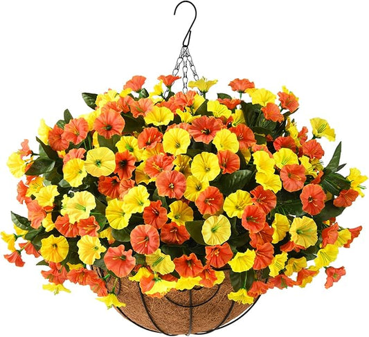 Artificial Fake Hanging Flowers Plants Baskets for Outdoor Spring Decoration, Faux Silk UV Resistant Look Real Morning Glory Arrangement for Porch Patio Garden Deck Home Summary Decor(Orange Yellow)