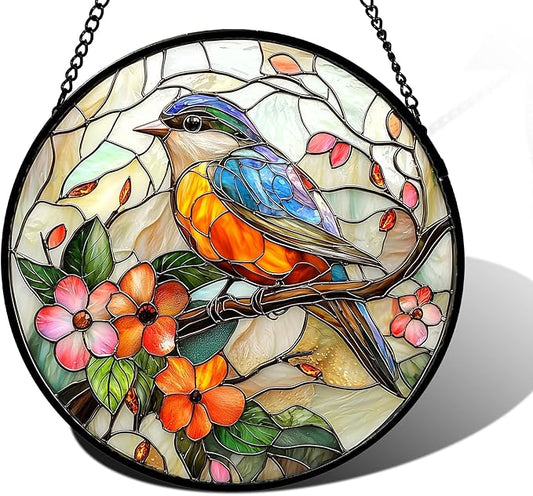 DASTOLL Stained Glass Window Hanging, Blue Bird Pink Flower Suncatcher Diamond Glass Panel Bird Sun Catchers Decor for Birthday for Women, Men, Wife, Aunt, and Mom 6.3 in