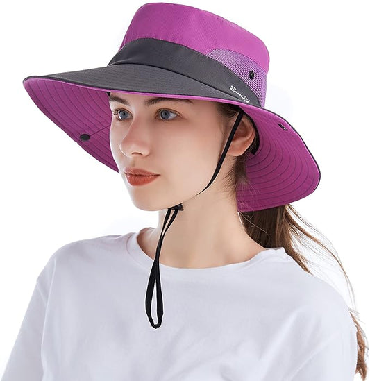 Tutuko Womens Wide Brim Sun Hats Foldable UV Protection Beach Bucket Hats Ponytail Mesh Fishing Hat
