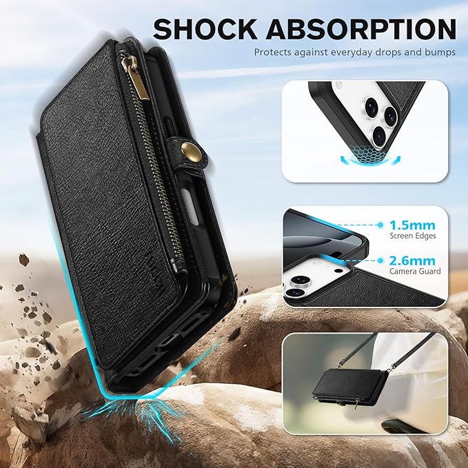 TUCCH Removable Crossbody Case Wallet for iPhone 17 Pro Max, 10 Card Slots RFID Blocking, Stand, Lanyard, Wrist Strap, Wireless Charging, Zipper Pocket, PU Leather, Magnetic Flip Cover, Textured Black