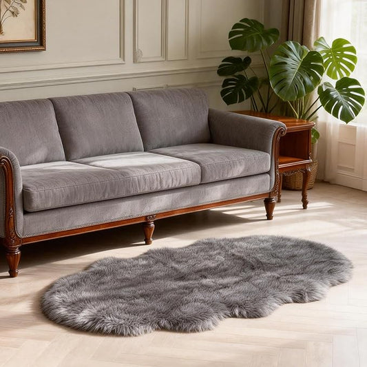 Grey Faux Fur Sheepskin Area Rug for Living Room Bedroom, 2 x 4 Feet Ultra Soft Shaggy Fuzzy Furry Carpet Chair Throw Rugs for Kids, Girls, Nursery Room Decor Dorms