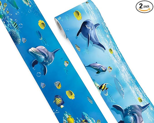 FLFK Peel and Stick Wallpaper Border Wall Decals for Kids Room - Under The Sea Fish Stickers Murals, 6" x 240" (Blue)