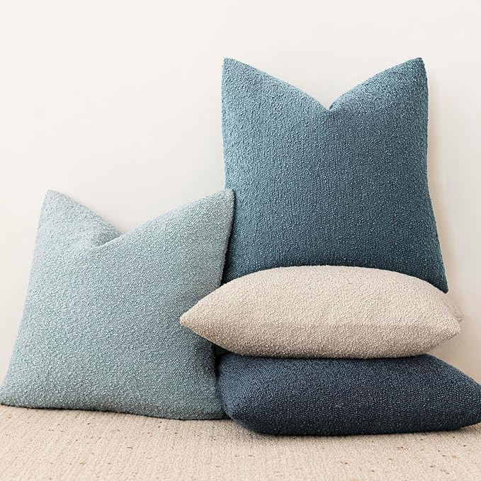 Foindtower Decorative Textured Boucle Throw Pillow Covers Accent Solid Pillow Cases Neutral Soft Cozy Couch Cushion Case for Chair Sofa Bedroom Living Room Home Decor 24x24 Inch,1PC,Misty Blue