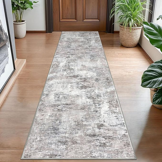 Modern Abstract Hallway Runner Rug, Beige Grey 2x8 Runner Rug, Washable Kitchen Runner Non-Slip Soft Thin Print Faux Wool Carpet for Entryway Bedroom Laundry Room Indoor
