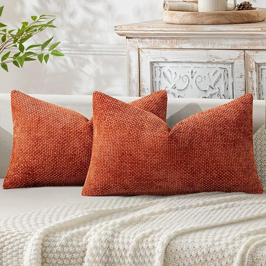 MIULEE Pack of 2 Fall Burnt Orange Decorative Pillow Covers 20x12 Inch Soft Chenille Couch Throw Pillows Farmhouse Cushion Covers for Home Decor Sofa Bedroom Living Room