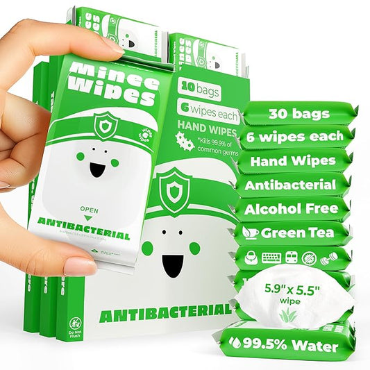 Impossibly Compact Travel Antibacterial Wipes Hand Sanitizer - 99.5% Water and Aloe - Safe for Sensitive Skin & Hypoallergenic Hand Wipes - Travel Essentials For Adults & Kids, 30 Pack Total 180 Wipe