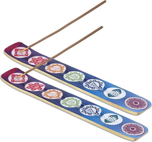 Bless-International Traditional-Handmade-Burner Wooden-Incense-Stick-Holder Ash-Catcher-Stand for-Aromatherapy-Meditation-Yoga (Seven Chakkra) 10 Inches, Pack of 2