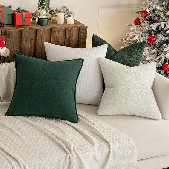 MIULEE 18x18 Inch Christmas Decorative Pillow Covers for Couch Bed Set of 2 Textured Boucle Neutral Winter Throw Pillows Dark Green Accent Solid Cushion Pillowcases Sofa Livingroom Home Decor