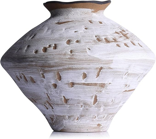 Wabi Sabi Rusty Vintage Vase, 11.4" Tall Wabi Sabi Decor Rustic Farmhouse Pottery Vase for Centerpiece, Textured Pottery Flower Vases for Home Decorative, Table, Living Room (White, Large)