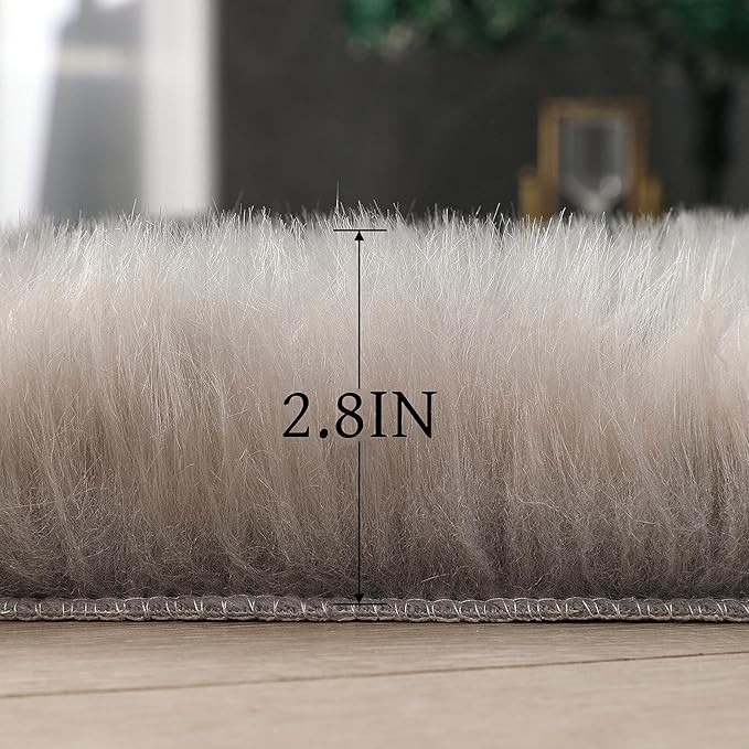 Faux Fur Rug Sheepskin Shag Fluffy Fuzzy Grey 3x4 ft Rugs for Bedroom Bedside Bed Floor Living Room Plush Rectangle High-Density Cushion Carpet Super Sofa Cover