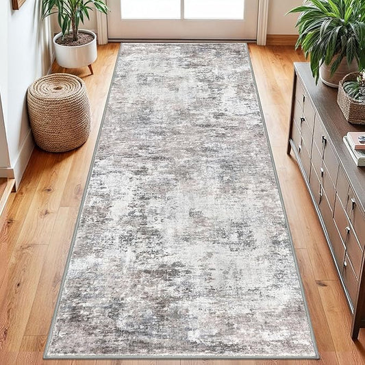 Modern Abstract Hallway Runner Rug, Beige Grey 2.6x8 Runner Rug, Washable Kitchen Runner Non-Slip Soft Thin Print Faux Wool Carpet for Entryway Bedroom Laundry Room Indoor