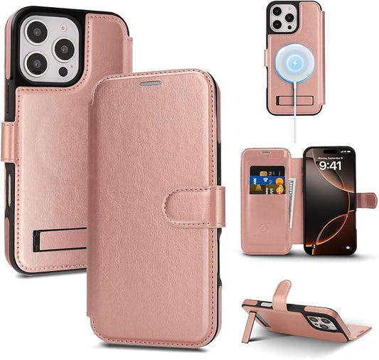 CIVICASE for iPhone 16 Pro Wallet Case with Stand,PU Leather Flip Credit Card Holder Slots (RFID Blocking),Compatible with Magsafe Magnetic Holder Phone Cover Women Men,Rose Gold