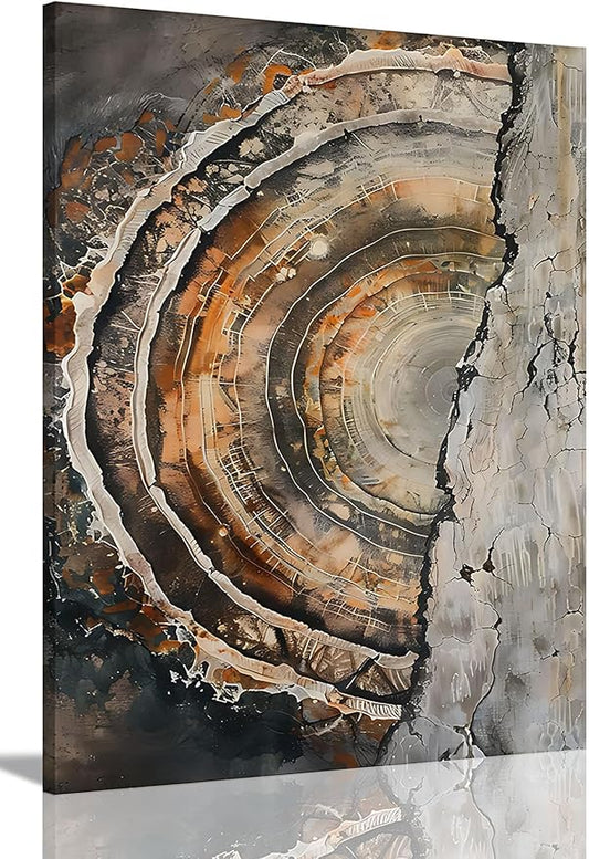 IBHJSART Framed Tree Ring Canvas Wall Art Vintage Colorful Wood Stump Painting Prints Modern Minimalist Pictures Neutral Nature Rustic Farmhouse Decor Living Room Bedroom Bathroom Office