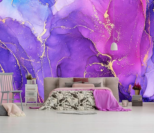 Purple and Gold Marble Wallpaper Modern Abstract Art Mural for Living Room Bedroom（Not Peel and Stick）