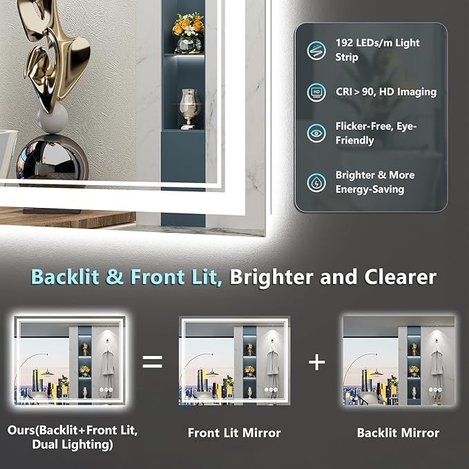 36x36 Inch LED Bathroom Mirror with Lights, Backlit & Front Lit, Anti-Fog Lighted Vanity Mirrors for Bathroom Wall, Dimmable, 3 Color Temperatures, Memory, Shatter-Proof, HD Tempered Glass