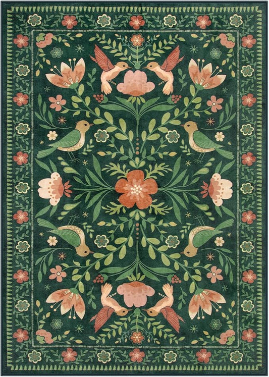Moynesa Living Room Rug 5x7, Washable Modern Cottage Green Area Rugs for Bedroom Dining Room, Farmhouse Aesthetic Floral Bird Print Carpet, Vintage Home Decor Open Floor Areas Non-Slip Protection