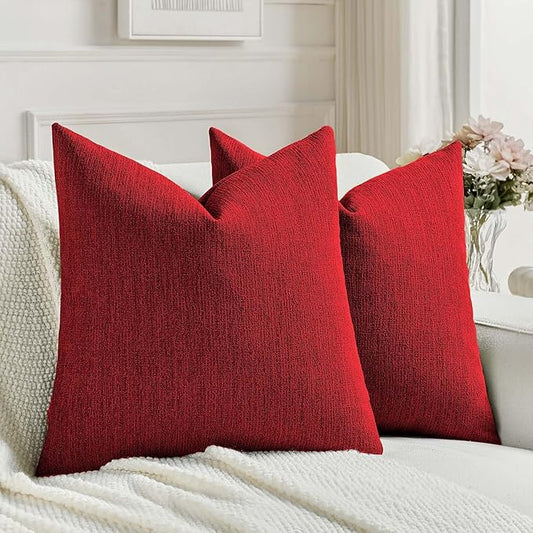 FUTEI Christmas Red Chenille Decorative Throw Pillow Covers 24x24 Inch Set of 2,Soft Cozy Faux Linen Textured European Pillow Shams,Farmhouse Home Decor for Couch Living Room