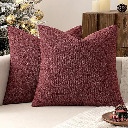MIULEE 18x18 Inch Christmas Decorative Pillow Covers for Couch Bed Set of 2 Textured Boucle Neutral Winter Throw Pillows Burgundy Accent Solid Cushion Pillowcases Sofa Livingroom Home Decor