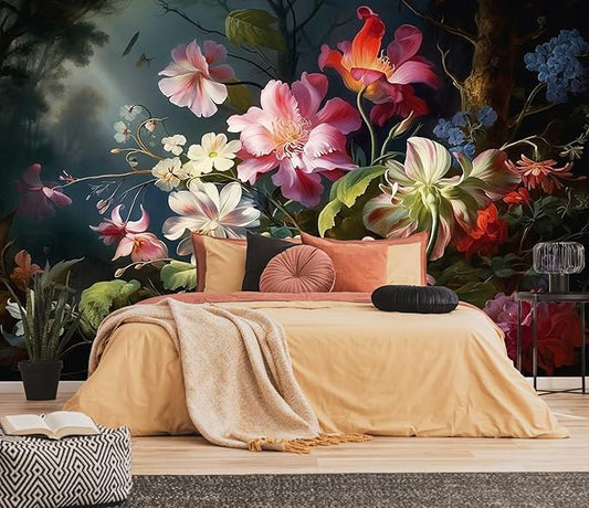 Colorful Floral Wallpaper Illuminated by Hazy Moonlight, Natural Landscape Flower Mural, Decorative Background Wall Mural（Non-self-Adhesive）