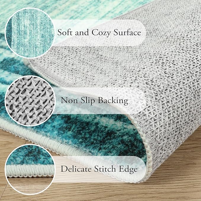Lahome Modern Abstract Area Rug, Washable Teal 2x3 Entryway Rugs Non Slip Kitchen Carpet Indoor Front Door Throw Rugs, Minimalist Bordered Bathroom Rug Low-Pile Entry Mats for Bedroom