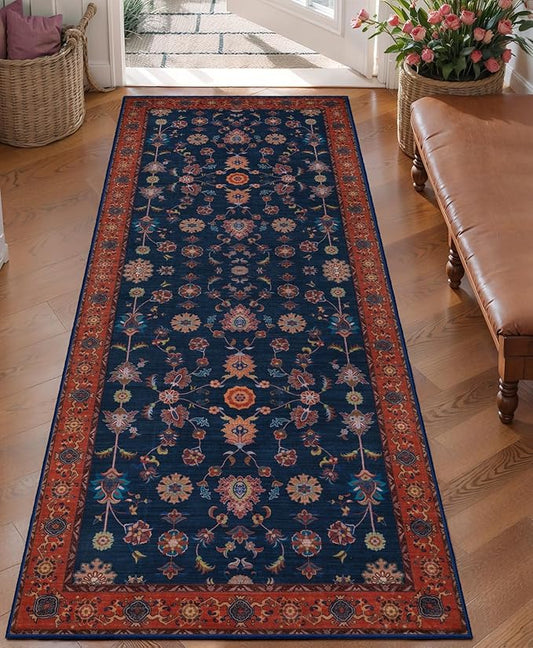 Tangsoo Washable Runner Rug for Hallway Non Slip, 2x5 Boho Floral Vintage Carpet Runner Rugs for Entryway, Floor Low Pile Runners for Kitchen Bathroom Laundry Bedroom Alfombra Red Blue Farmhouse