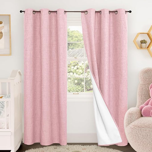 Lajode Baby Pink Linen Blackout Curtains 84 Inch Long for Living Room Narrow Window, 38 Inch Wide Thermal Insulated Light Blocking Small Curtains for Girls Bedroom Kids Nursery, 38x84 Inch 2 Panels