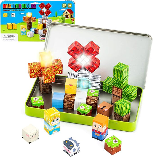 45PCS Magnetic Blocks Travel Toys for Kids with Portable Iron Box, Mini Magnetic Cubes Toys for Airplane & Car Ride STEM Learning Gift Idea for Ages 3+（ Farm Theme）