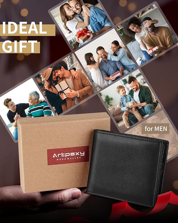 Artpaxy Mens Wallet Bifold Genuine Leather RFID Blocking Wallet for Men with 2 ID Windows 11 Card Holders 2 cash pockets 1 Gift Box