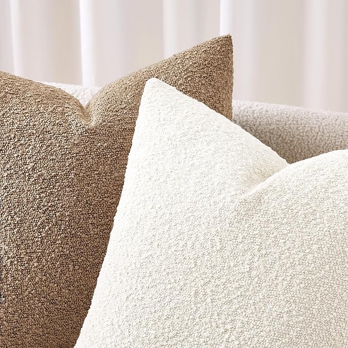 ANRODUO Pack of 2 Textured Boucle Throw Pillow Covers Soft White Decorative Accent Solid Pillow Cases Cozy Modern Couch Cushion Case for Chair Sofa Bedroom Living Room Spring Home Decor, 18 x 18 Inch