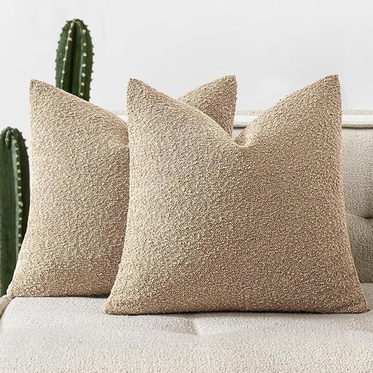 Woaboy Pack of 2 24x24 Inch Decorative Boucle Throw Pillow Covers Textured Square Pillowcaes Accent Euro Solid Cozy Soft Cushion Covers Home Decor for Sofa Couch Living Room Home Decor,Khaki