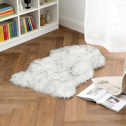 Samll Faux Fur Sheepskin Area Rug for Living Room Bedroom, White with Grey Tips, 2 x 3 Feet Ultra Soft Shaggy Fuzzy Furry Carpet Chair Throw Rugs for Kids, Girls, Nursery Room Decor Dorms