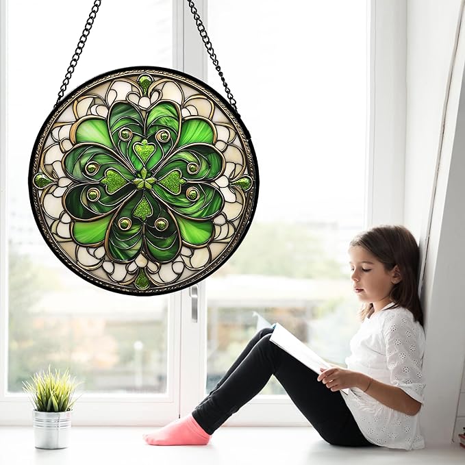 DASTOLL Stained Glass Window Hanging St. Ripak Festival Green Lucky Clover Large 11.8" - Suncatcher Door Garden Sun Catcher Ireland Decor Mother's Day for Mom Woman Her Men Sisters