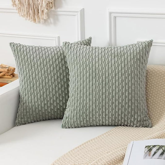 Kevin Textile Throw Pillow Covers Soft Corduroy Decorative Set of 2 Boho Striped Pillow Covers Pillowcases Farmhouse Home Decor for Couch Bed Sofa Living Room 16x16 Inch Greyish Green