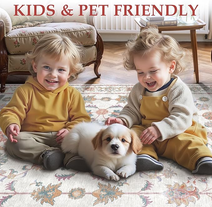 Tangsoo Washable Area Rug, 3x5 Pottery Barn Neutral Floral Rugs for Bedroom Living Room, Vintage Boho Non Slip Low Pile Beige Carpet for Farmhouse Nursery Office Laundry, Pet & Child Friendly
