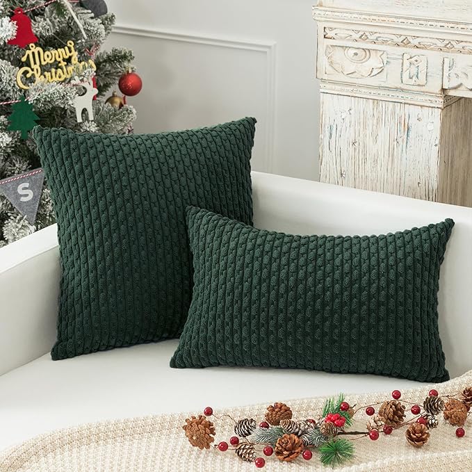 Kevin Textile Christmas Decorative Pillow Covers Set of 2 Striped Plush Corduroy Pillows Pillowcases Boho Home Decor Cushion Covers for Couch Sofa Bed Living Room 18x18 Inch, Army Green