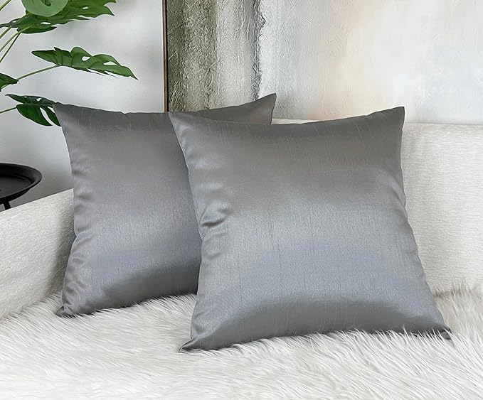 Aiking Home 20x20 Inches Faux Silk Square Throw Pillow Cover, Zipper Closure, Charcoal (Set of 2)